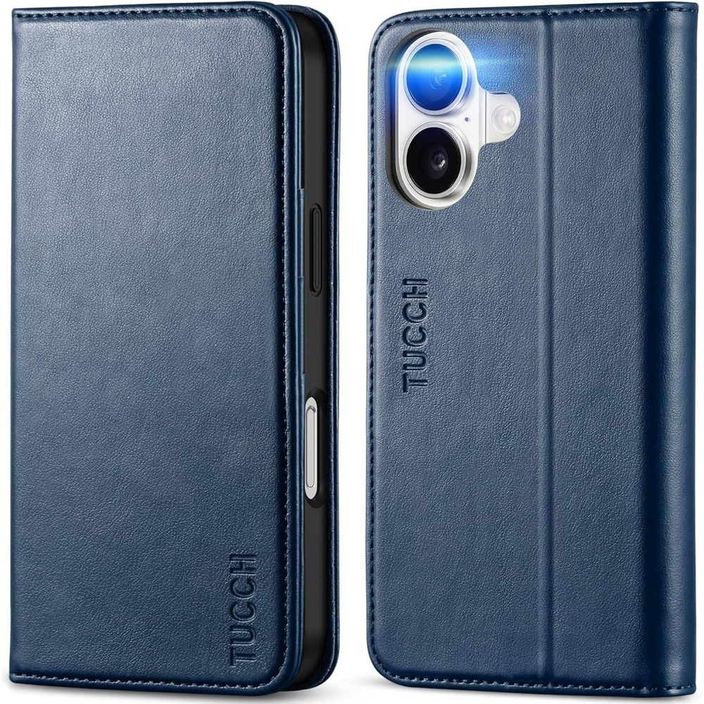 TUCCH iPhone 16 Wallet Case Blue RFID Blocking Leather Folio Flip Cover 6.1 inch